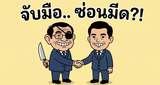 รูปการ์ตูนตัวเล็กหัวโตของฮุนเซนกำลังจับมือกับชายคนหนึ่ง ในมืออีกข้างถือมีด