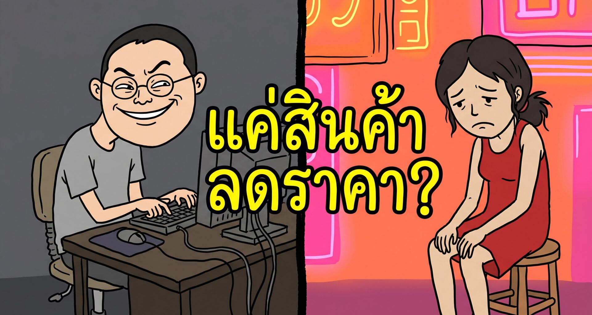 รูปการ์ตูน 2D ชายวัยกลางคนชาวญี่ปุ่น นั่งพิมพ์ข้อความเหยียดหญิงไทย