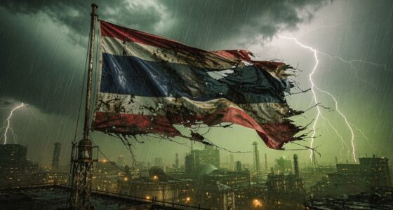 รูปธงชาติไทยที่ขาดวิ่น โบกสะบัด