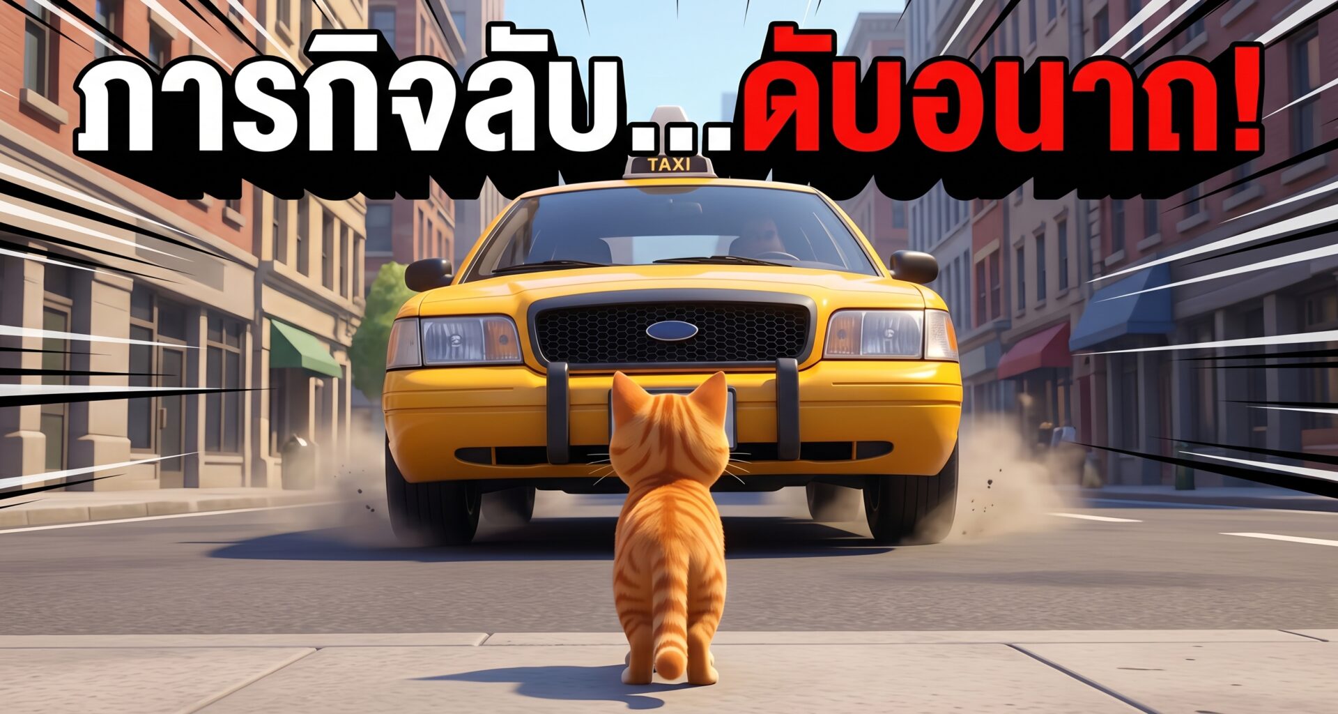 รูปการ์ตูน 3D แมวส้มยืนประจัญหน้ากับรถแท็กซี่สีเหลือง