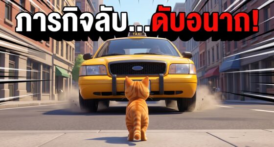 รูปการ์ตูน 3D แมวส้มยืนประจัญหน้ากับรถแท็กซี่สีเหลือง